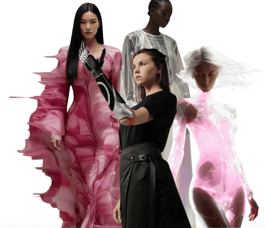Four models showcasing futuristic fashion and bionic enhancements including smart clothing, implants, and bioengineering innovations